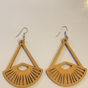 Brown Wooden Fan Earrings with Sunburst Design